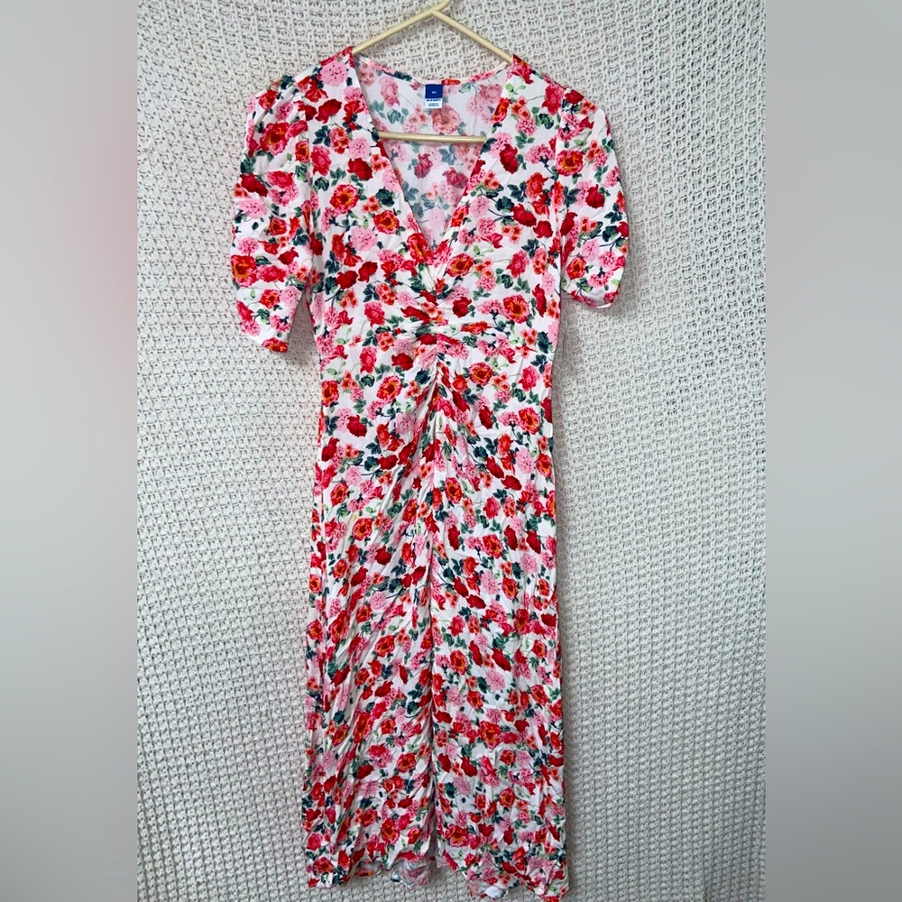 Old Navy Puff Sleeve V Neck Ruched Front Crepe Floral Midi Dress NWT